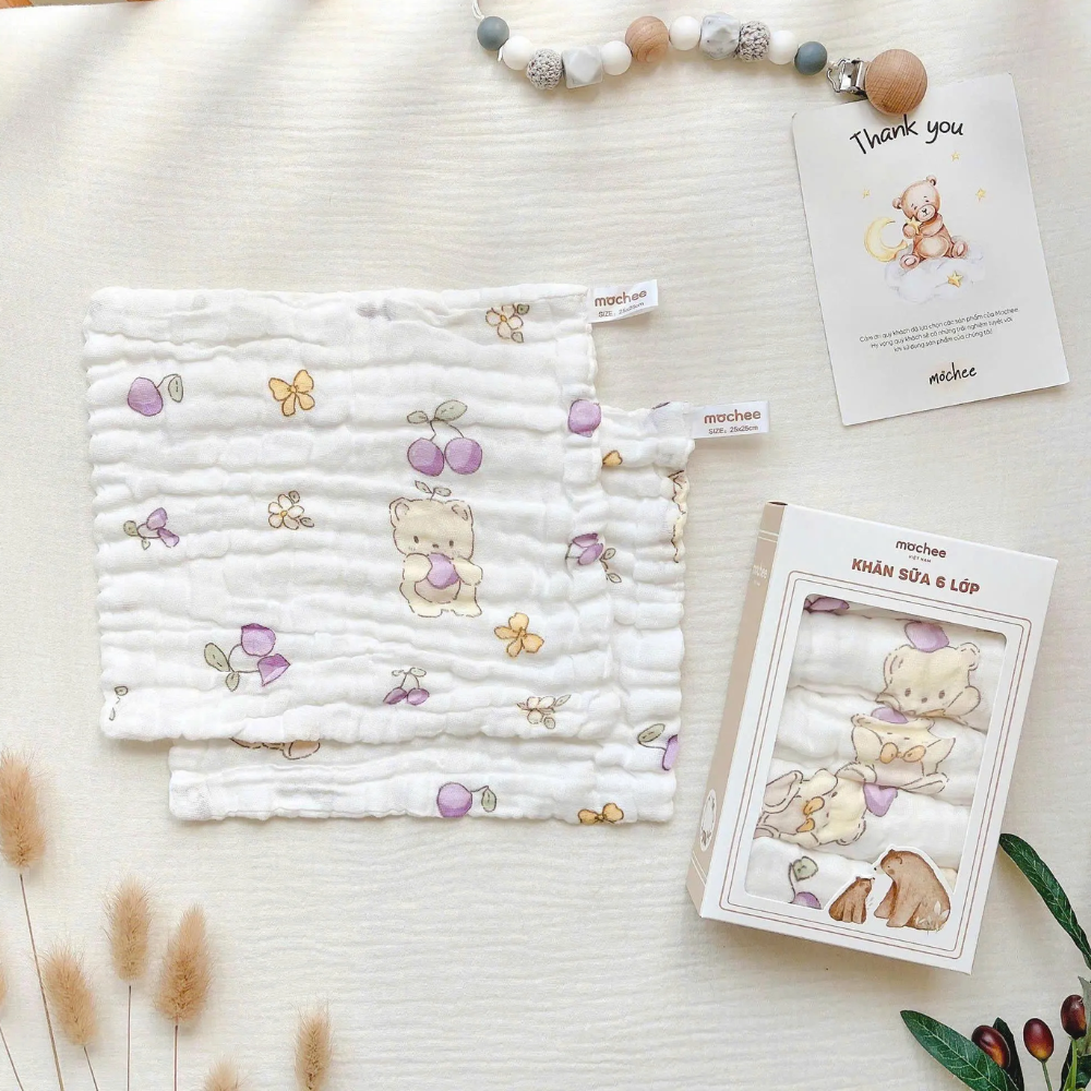 Khăn sữa xô 6 lớp họa tiết đủ mẫu Mochee 3 Khan Sua Xo 6 Lop Hoa Tiet Du Mau Mochee 1