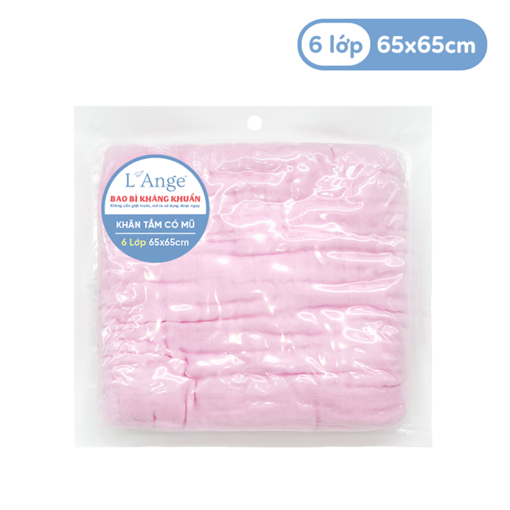 L'Ange-Khăn tắm vải bông có nón 6 lớp cho bé 65*65cm 3 Lange Khan Tam Vai Bong Co Non 6 Lop Cho Be 65x65cm Hong