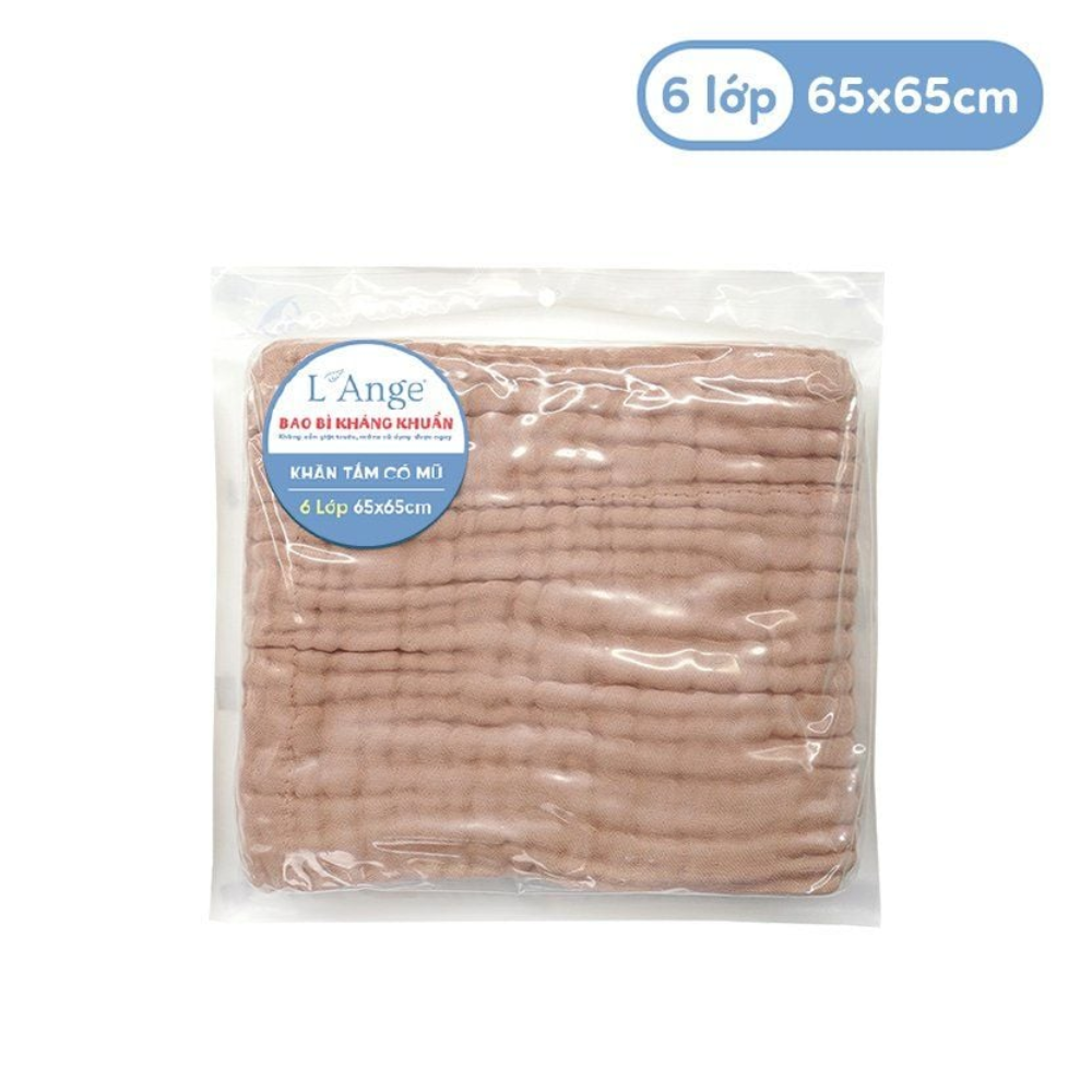 L'Ange-Khăn tắm vải bông có nón 6 lớp cho bé 65*65cm 4 Lange Khan Tam Vai Bong Co Non 6 Lop Cho Be 65x65cm Nau Nhat