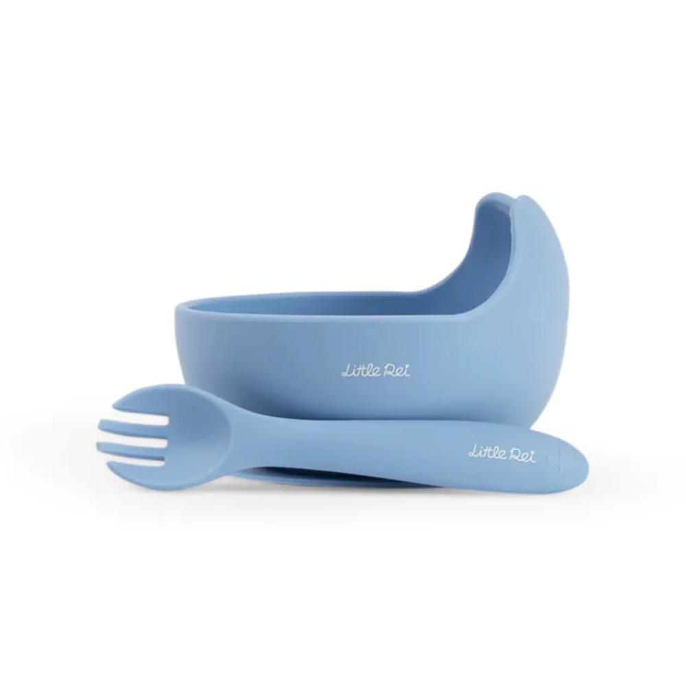 Bộ bát nĩa ăn dặm Little Rei có đế hút giữ cố định 6 Little Rei Bo Bat Nia Co De Hut Giu Co Dinh Blue