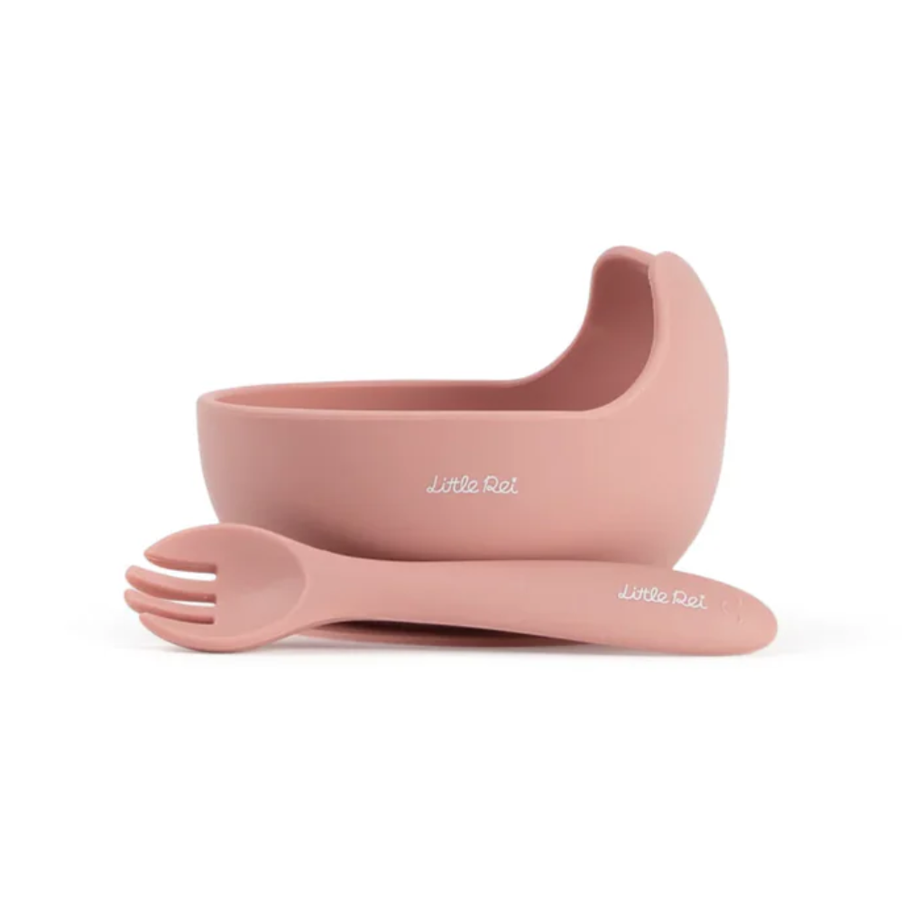 Bộ bát nĩa ăn dặm Little Rei có đế hút giữ cố định 4 Little Rei Bo Bat Nia Co De Hut Giu Co Dinh Pink