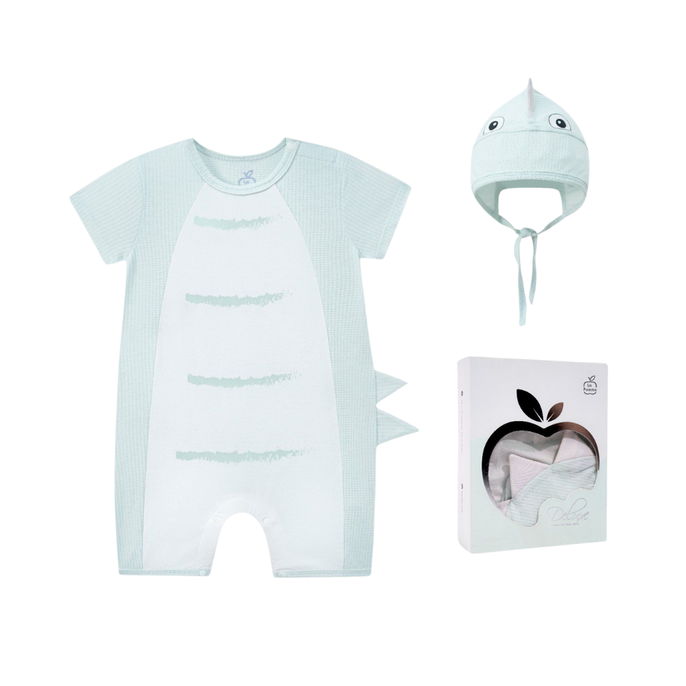 Set body cộc tay La Pomme kèm mũ khủng long bé con 3 Set Body Coc Tay La Pomme Kem Mu Khung Long Be Con 1