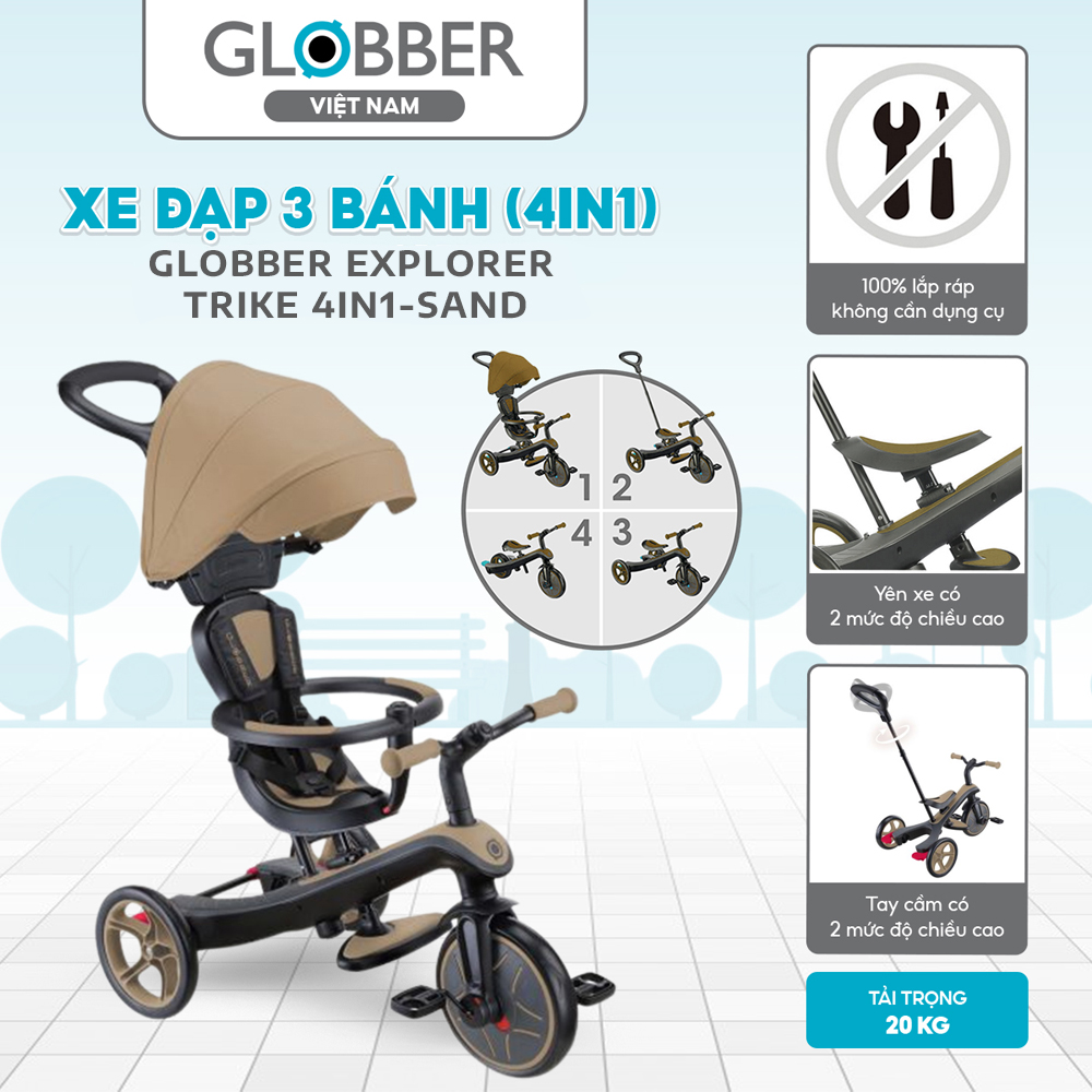 Xe đạp 3 bánh Globber Explorer Trike 4in1 từ 10 tháng - 5 tuổi, Sand 3 Xe Dap 3 Banh Globber Explorer Trike 4in1 Tu 10 Thang 5 Tuoi Sand 1