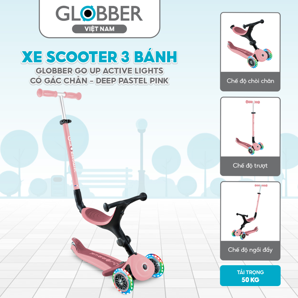 Xe Scooter 3 bánh Globber Go Up Active Lights có gác chân 15 tháng - 9 tuổi, Pink/Deep Pastel Pink 3 Xe Scooter 3 Banh Globber Go Up Active Lights Co Gac Chan 15 Thang 9 Tuoi Pink Deep Pastel Pink 1