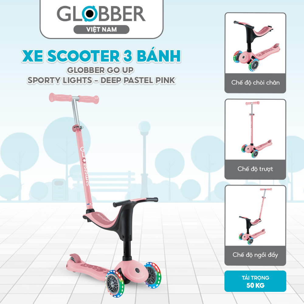 Xe Scooter 3 bánh Globber Go Up Sporty Lights từ 15 tháng đến 9 tuổi, Pink/Deep Pastel Pink 3 Xe Scooter 3 Banh Globber Go Up Sporty Lights Tu 15 Thang Den 9 Tuoi Pink Deep Pastel Pink 1