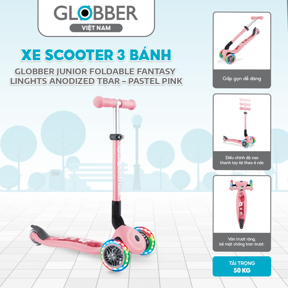 Xe Scooter 3 bánh Globber Junior Foldable Fantasy Lights Anodized Tbar 2 - trên 6 tuổi, Pastel Pink 3 Xe Scooter 3 Banh Globber Junior Foldable Fantasy Lights Anodized Tbar 2 Tren 6 Tuoi Pastel Pink 1
